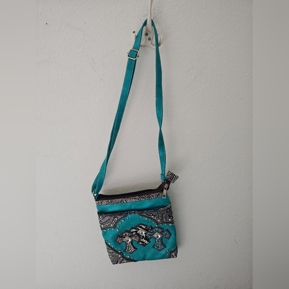Women's Blue Cross Body Bag With Rhinestone Crosses - Picture 1 of 5